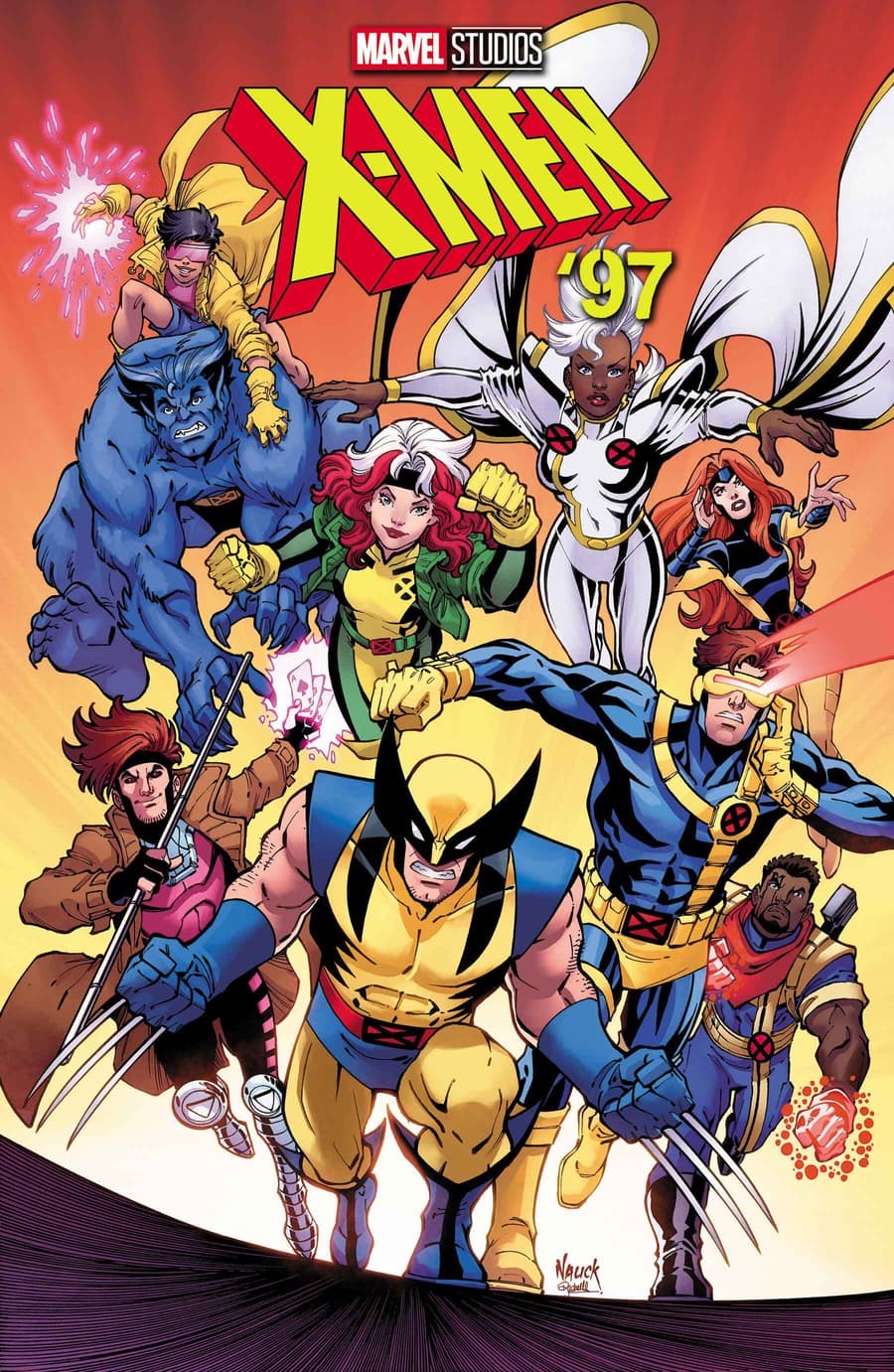 Promotional artwork for Marvel Studios' X-Men '97 featuring an animated group of X-Men characters posed dynamically against a vibrant background, with Wolverine front and center, flanked by fellow mutants all ready for action